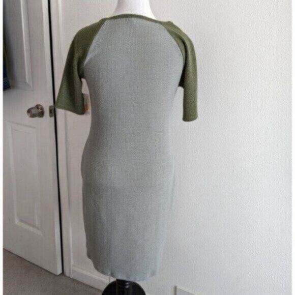 LuLaRoe Julia Dress Large NWT $45 Gray Olive Green Raglan Sleeves Stretch - Picture 9 of 13